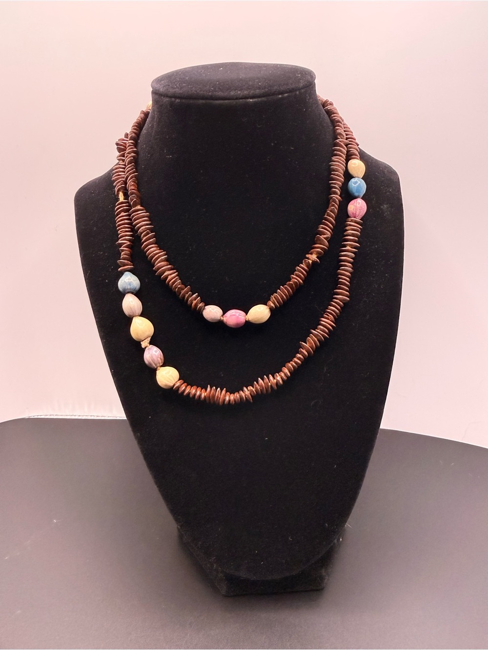 Handmade Brown Wood Bead Necklace with Multicolor Accent Beads